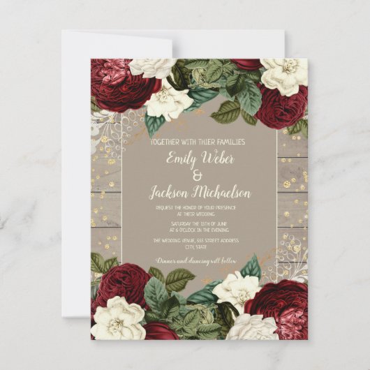 Wedding Rustic  Burgundy Ivory Floral Kaart (Voorkant)