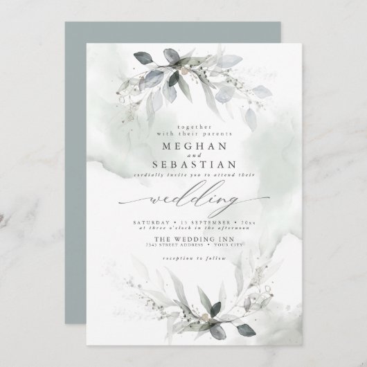 Wedding Rustic Waterverf Greenery Dusty Green Kaart (Voorkant / Achterkant)