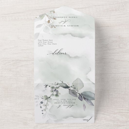 Wedding Sage Green Foliage All In One Uitnodiging (Buitenkant)