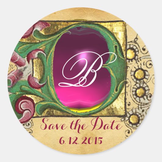 WEDDING SAVE DATE FLORAL PARCHMENT GEM MONOGRAM RONDE STICKER (Voorkant)