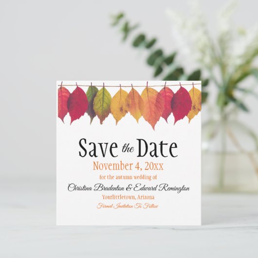 Wedding Save The Date Autumn Leaves On String Aankondiging (Staand voorkant)