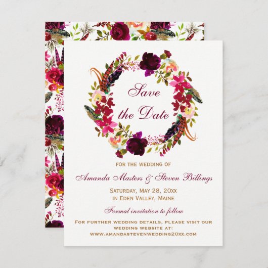 Wedding Save the Date - Burgundy Floral, veren Kaart (Voorkant / Achterkant)