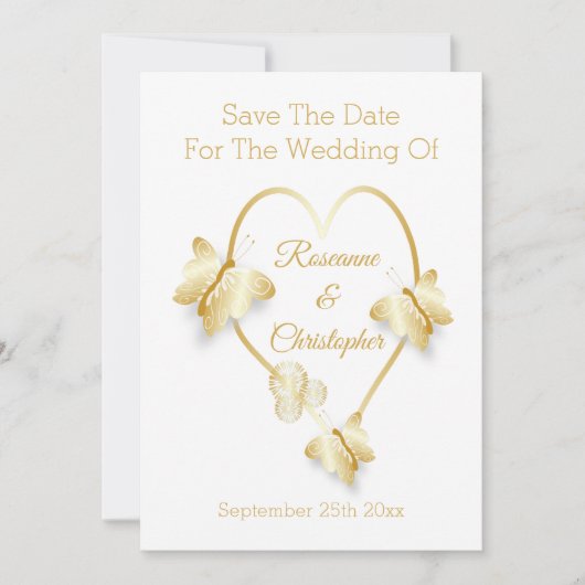 Wedding Save The Date Gold Colour Heart Butterfly (Devant)