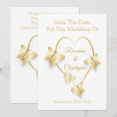 Wedding Save The Date Gold Colour Heart Butterfly (Devant / Derrière)