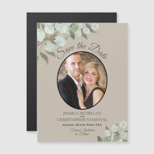 Wedding Save the Date Photo & Greenery Taupe Magnetische Uitnodiging
