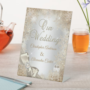 Wedding Silver Beige Cream Pearl Bow Snowflake Reclamebord Met Voetstuk