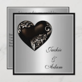 Wedding Silver Floral Black Heart Modern Kaart (Voorkant / Achterkant)