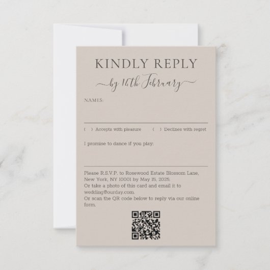 Wedding Soft Beige Signature QR Code Kindly Reply RSVP Kaartje (Voorkant)