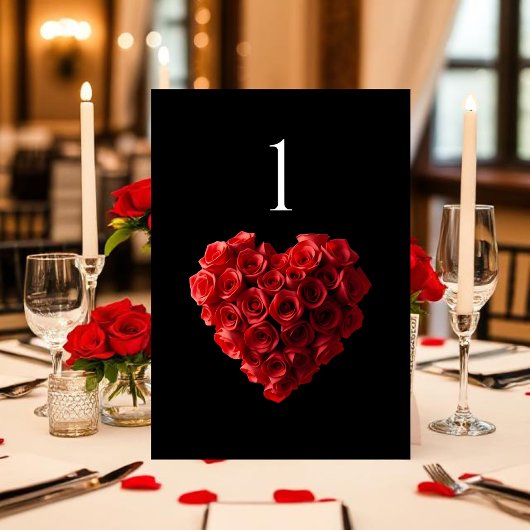 Wedding Table Number-Heart Shaped Red Roses- Kaart