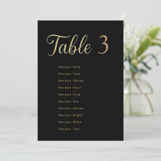 Wedding Table Seating Chart Cards | Gold on Black Kaart (Staand voorkant)
