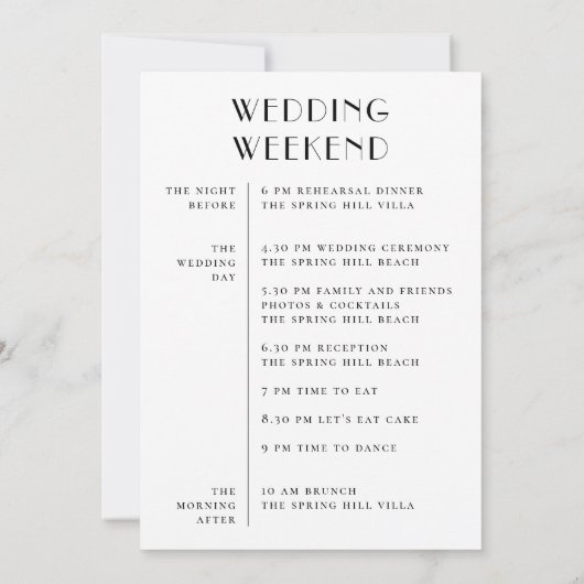 Wedding Weekend Itinerary & Welcome | Schedule Kaart (Achterkant)