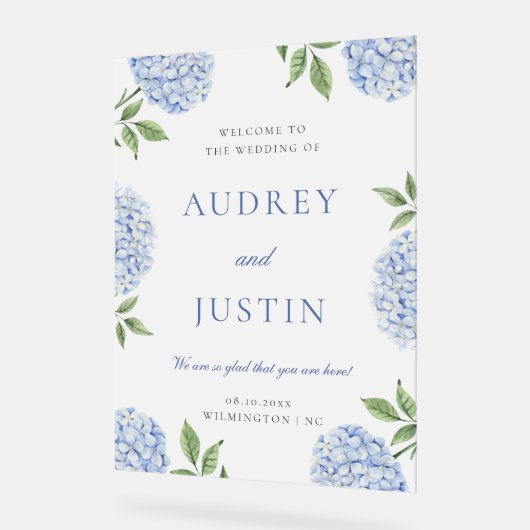 Wedding Welcome Sign, Classic Blue Hydrangea (Angle)