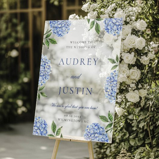 Wedding Welcome Sign, Classic Blue Hydrangea