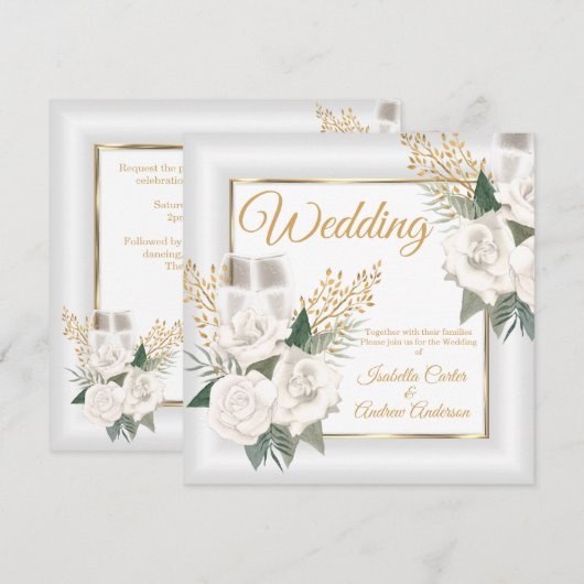 Wedding White Rose Floral Champagne Gold Kaart (Voorkant / Achterkant)