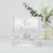 Wedding White Silver Pearl Lace Damask Diamond Kaart (Staand voorkant)