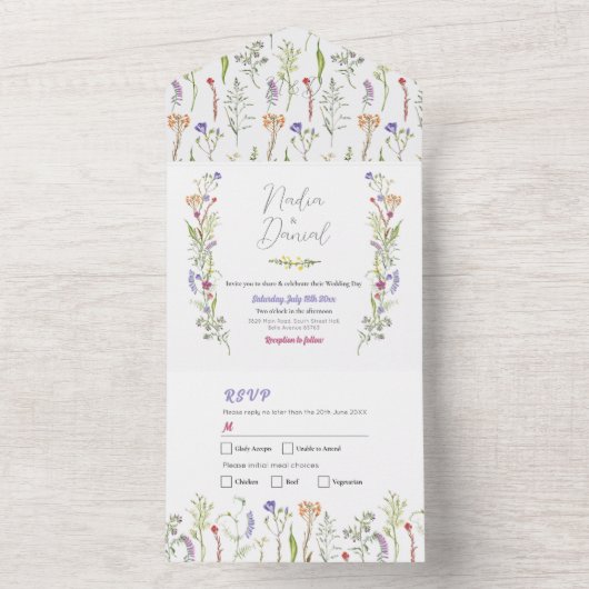 Wedding Wildflower Bloemen Uitnodigen & RSVP All In One Uitnodiging (Binnen)