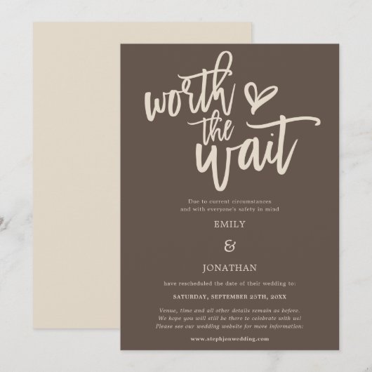 Wedding Worth the Wait Script Brown Cream Save The Date (Voorkant / Achterkant)
