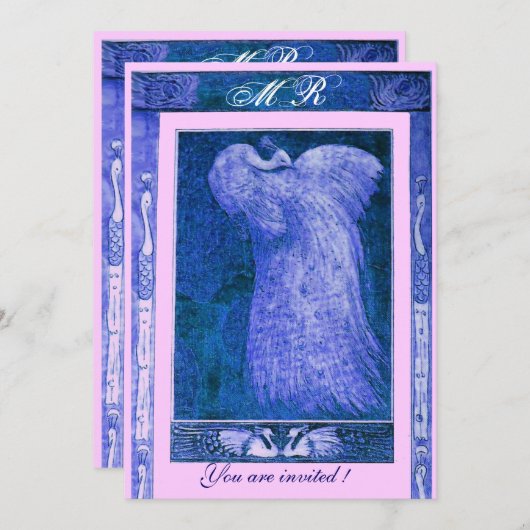 WEDING LOVE PEACOCK MONOGRAM, blauw wit roze Kaart (Voorkant / Achterkant)