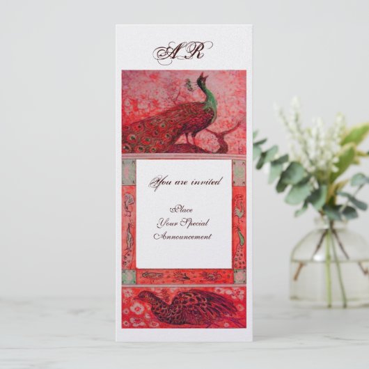 WEDING LOVE PEACOCKS MONOGRAM rood ijs metaal Kaart (Staand voorkant)