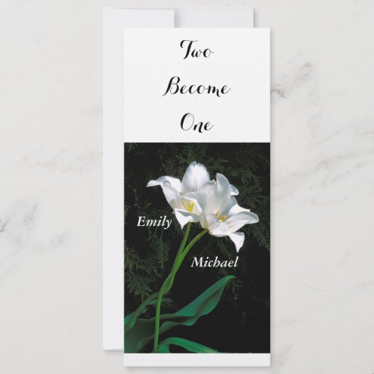 WEDINGINVITATIE / 2 INTERTWINERENDE WITTE TULIPS KAART (Voorkant)