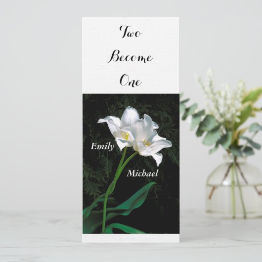 WEDINGINVITATIE / 2 INTERTWINERENDE WITTE TULIPS KAART (Staand voorkant)