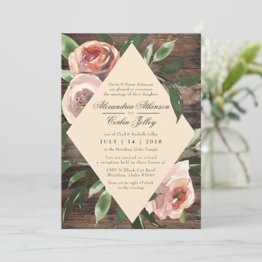 WEDINGINVITATIE | Rustisch hout Blush Floral Sage Kaart (Staand voorkant)