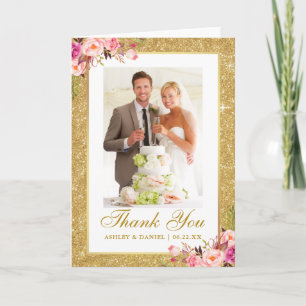 Weduwfoto Gold Glitter Pink Floral Fold Bedankkaart