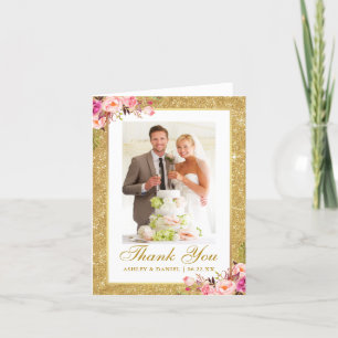 Weduwfoto Gold Glitter Pink Floral Note Bedankkaart