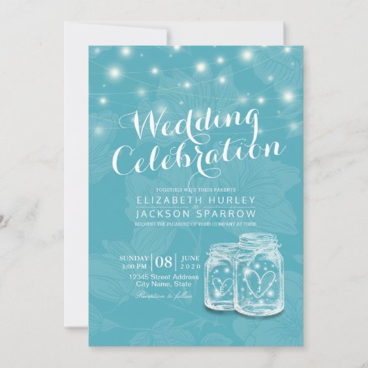 Weduwingshower Mason Jar String Lights Blue Floral Kaart (Voorkant)