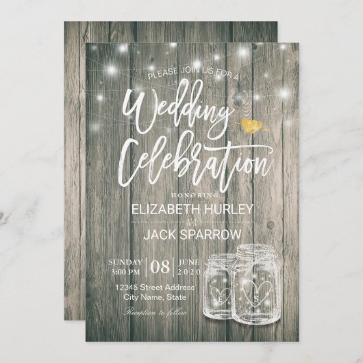 Weduwingshower Rustic Wood Mason Jar String Lights Kaart (Voorkant / Achterkant)