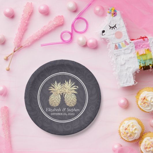 Weduwschotel Golden Pineapple Couple Navy Blue Papieren Bordje (Feest)