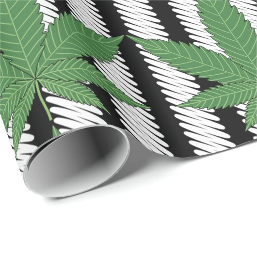 Weed Leaf Green op Black White Stripe Cadeaupapier (Rol Hoek)
