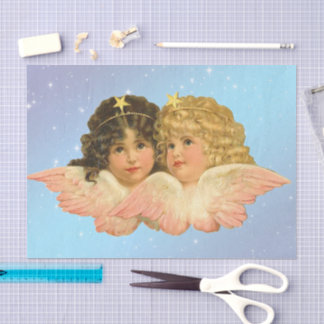WEEFSELPAPIER  TWEELINGANGEL STERREN OP BLAUW TISSUEPAPIER