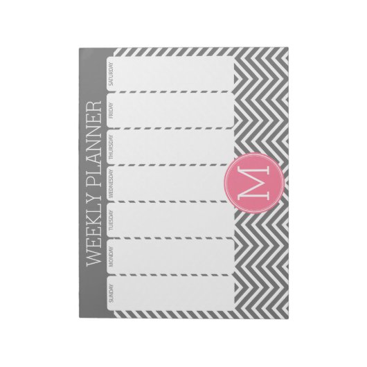 Weekblad Gray & Roze Chevrons met monogram Notitieblok (Gedraaid)