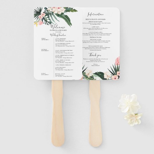 Weekend bruiloft schema tropische bloemen handwaaier (Voorkant en achterkant)
