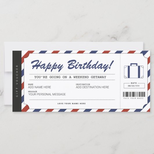 Weekend Getaway Birthday Gift Travel Voucher (Voorkant)