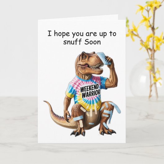 Weekend krijger T-rex met verband en ijspak Kaart (Gele Bloem)