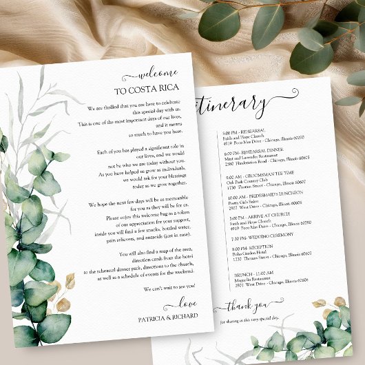 Weekend Wedding Itinerary Greenery Eucalyptus Kaart