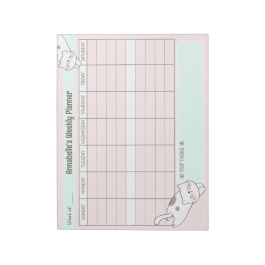 Weekly Planner Schattige Cat Pink Blue Naam Scheur Notitieblok (Gedraaid)