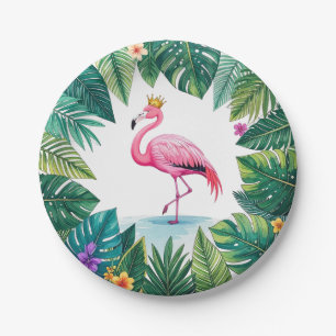 Weelderig bladrijk Elegante Roze Flamingo Kroon Papieren Bordje