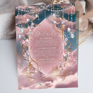 Weelderig Blauwe Roze Wolken Calligrafie Bruiloft Informatiekaartje
