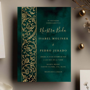 Weelderig bloemmotief goud groen Nuestra Boda brui Kaart