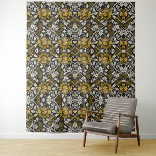 Weelderig bloempatroon met grote gouden bloemen wandkleed