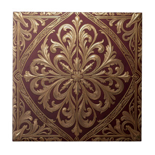 Weelderig Gouden Acanthus Patroon Diep Rode Barok Tegeltje