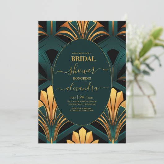 Weelderig groene en gouden Art Deco bruiloft Kaart (Staand voorkant)