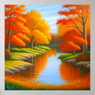 Weelderig herfstloof in een rustig landschap poster