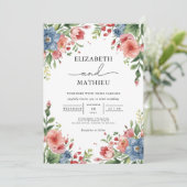 Weelderig koraal en blauwe bloementuin bruiloft kaart (Staand voorkant)