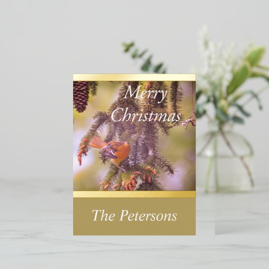 Weelderig Monogram Rode Vogel Dennentak Folie Feestdagen Briefkaart (Staand Voorkant)
