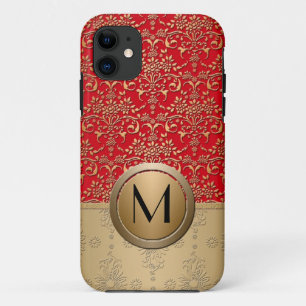 Weelderig rood en goud monogram damast patroon iPhone 11 hoesje
