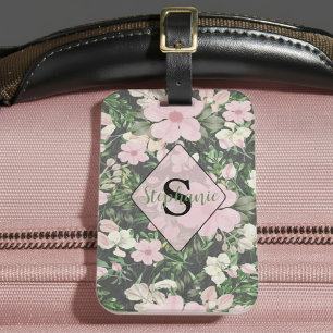  weelderig roze botanisch monogram bagagelabel